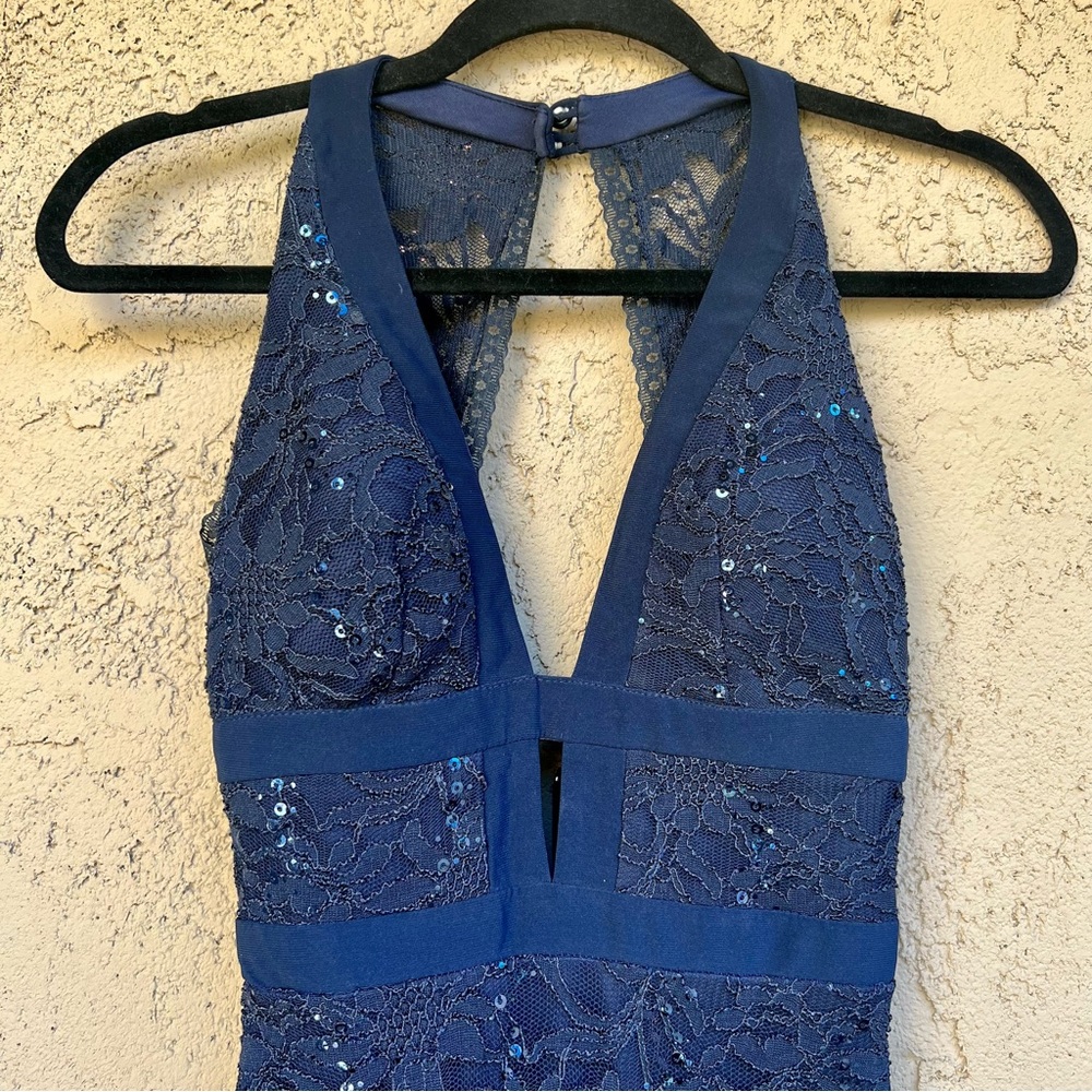 B. Darlin Formal Prom Navy Blue Maxi Dress Gown Lace Sequin Open Back Size 3/4 - Picture 6 of 9